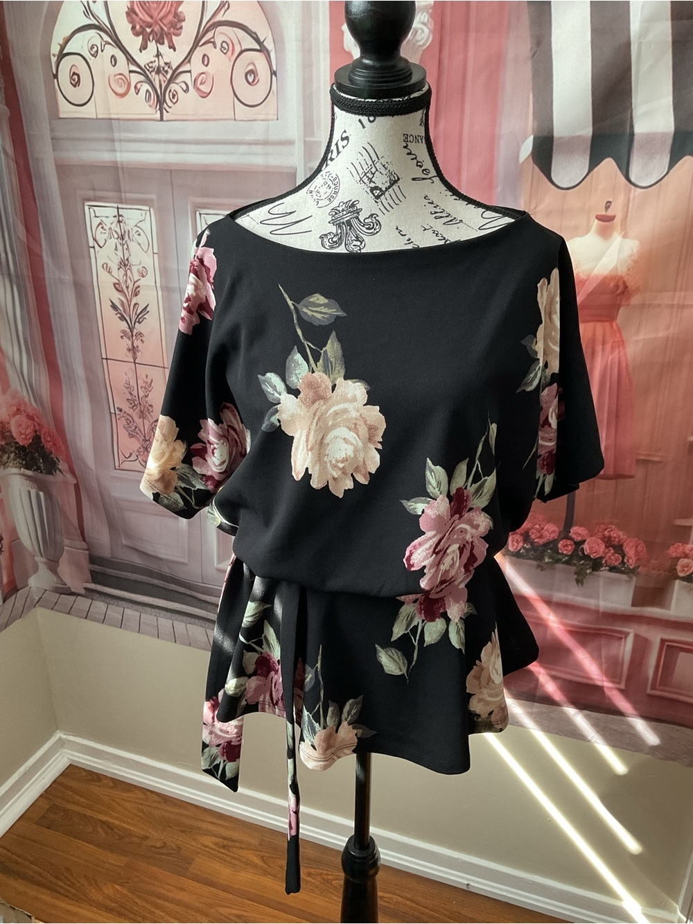 Eclipse Black Floral Tie-Waist Peplum Blouse